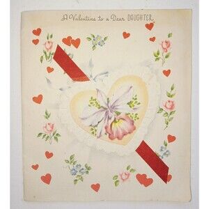 Vintage Valentine Card Hearts Orchid Red Satin Ribbon 1948 Dear Daughter